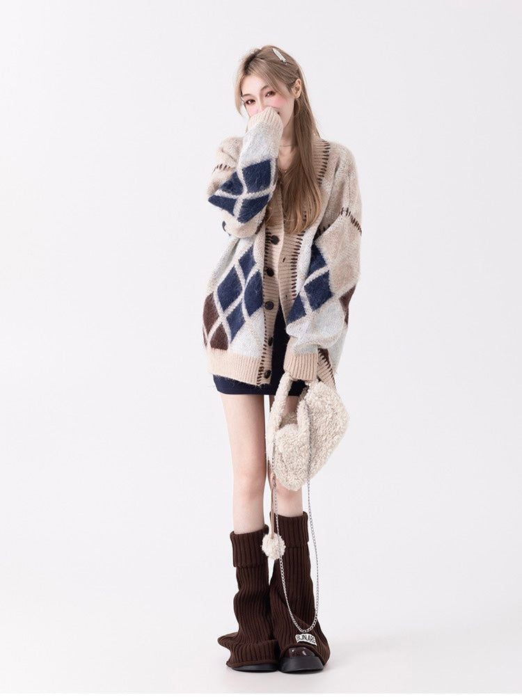 Coffee & Navy Oversized Argyle Sweater Cardigan
