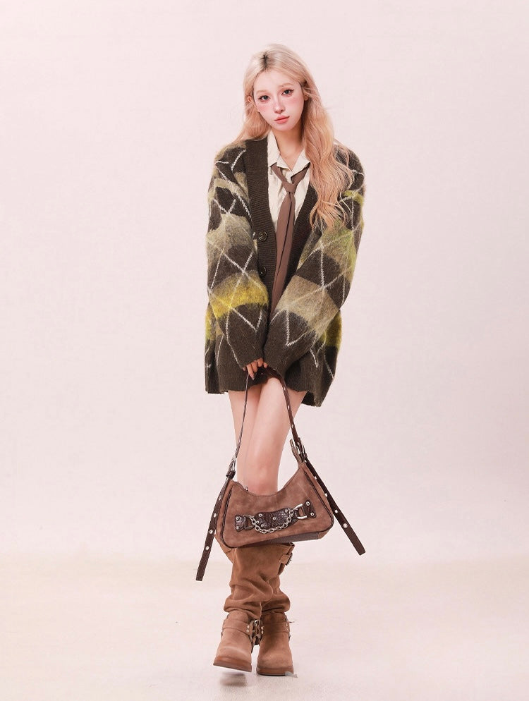 Moss Argyle Oversized Sweater Cardigan