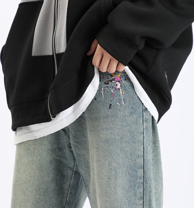 Paint Splash Embroidered Straight Leg Jeans