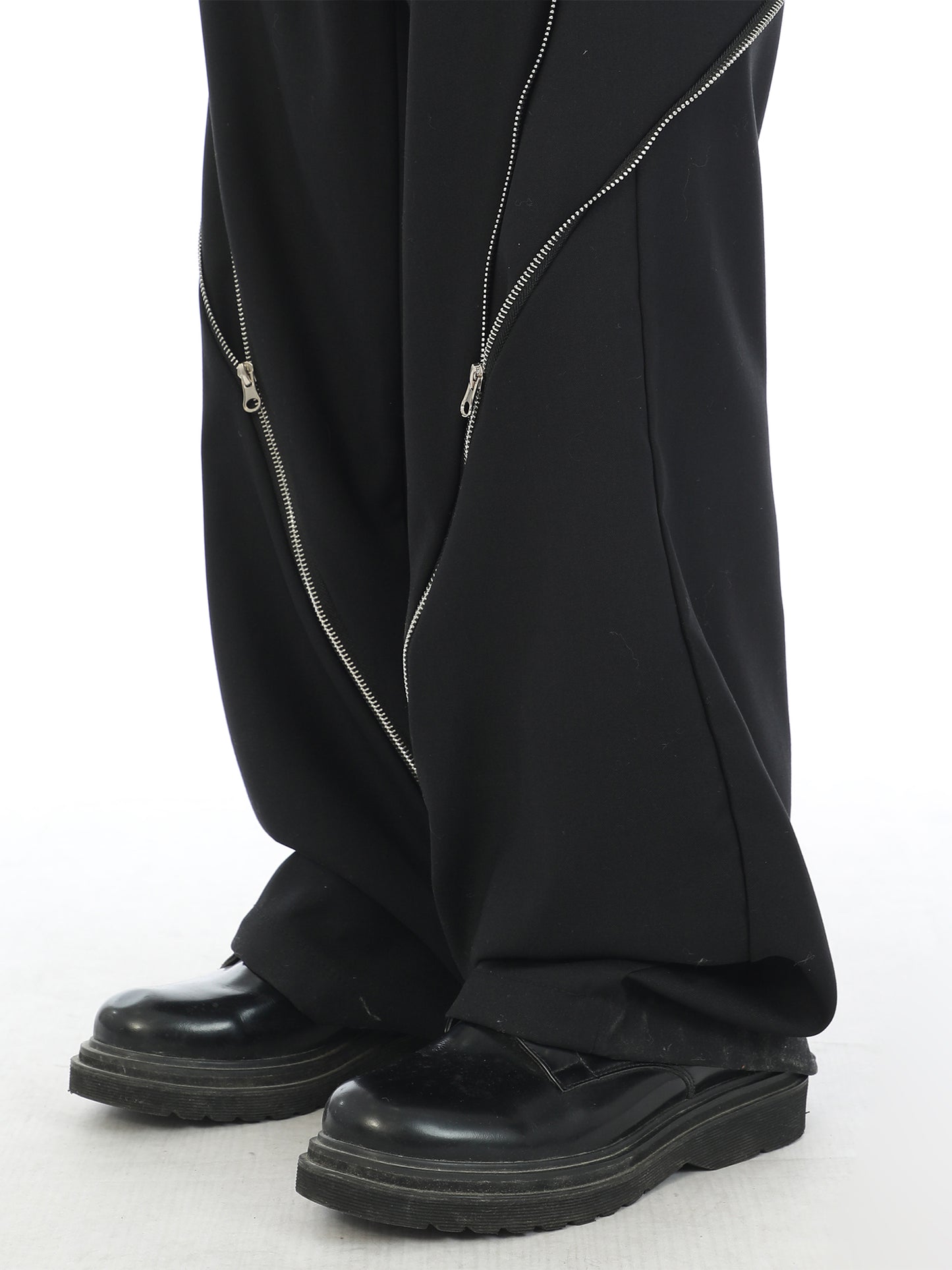 Diagonal Zipper Black Wide Leg Pants