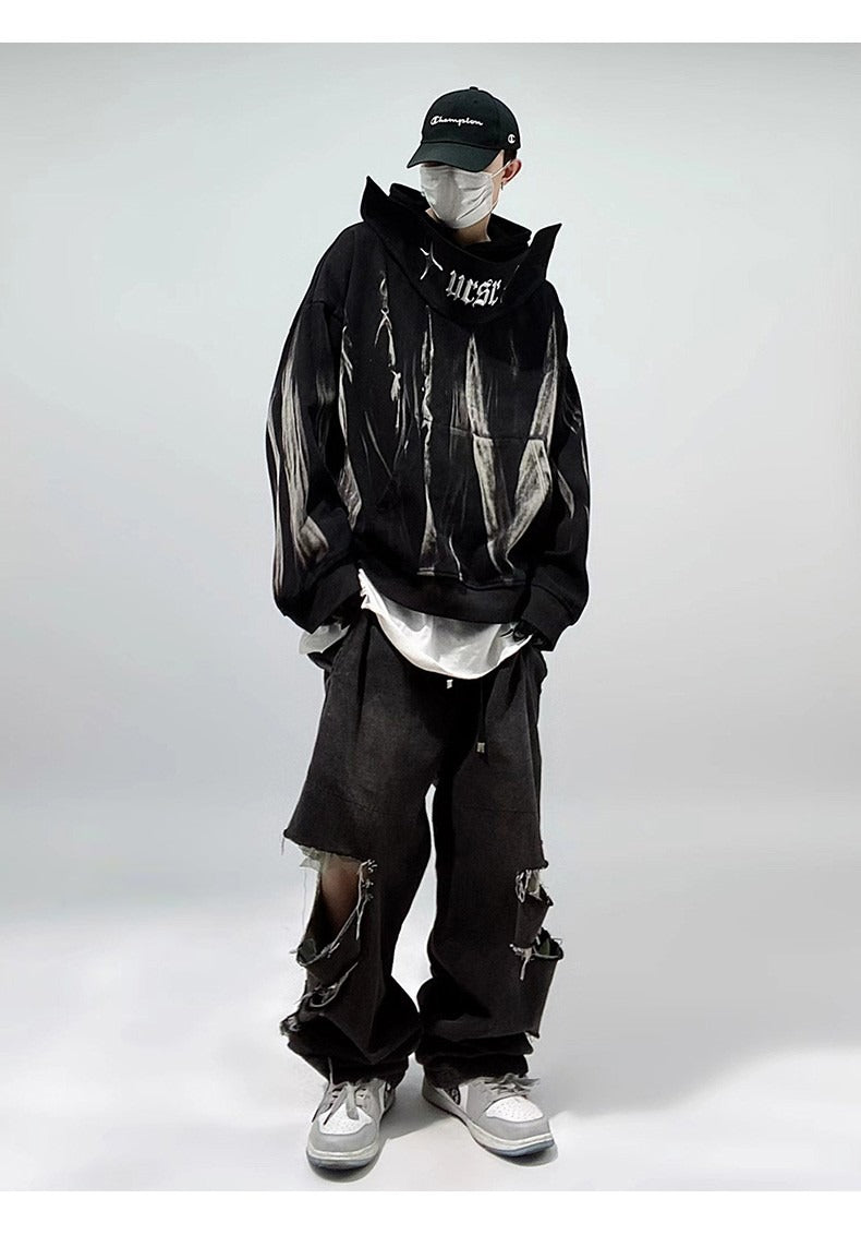 Techwear Wrapped Neck Graffiti Paint Hoodie