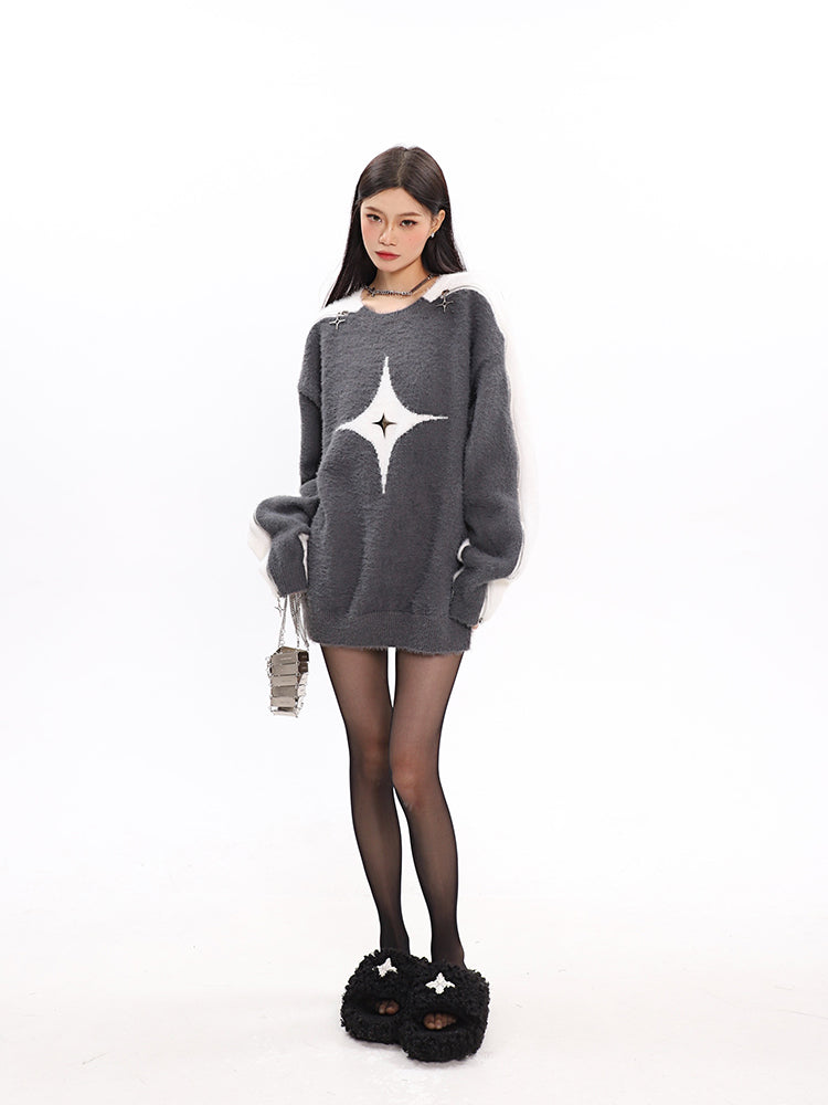 Star Exposed Shoulder Oversized Sweater