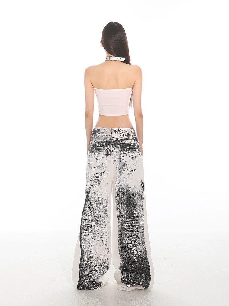 Graffiti Destroyed Ripped Wide-Leg Jeans