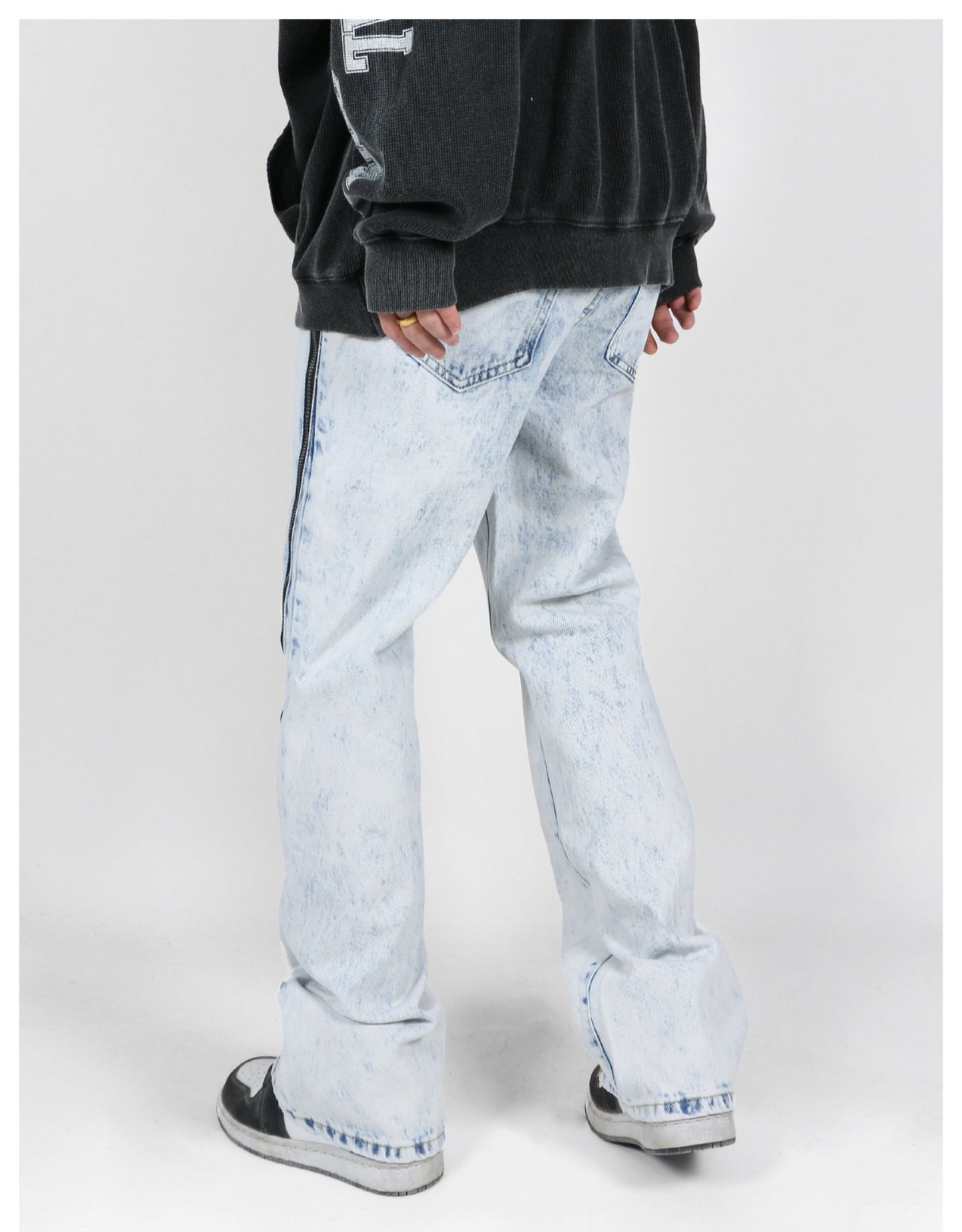 Side Zipper Acid Washed Jeans