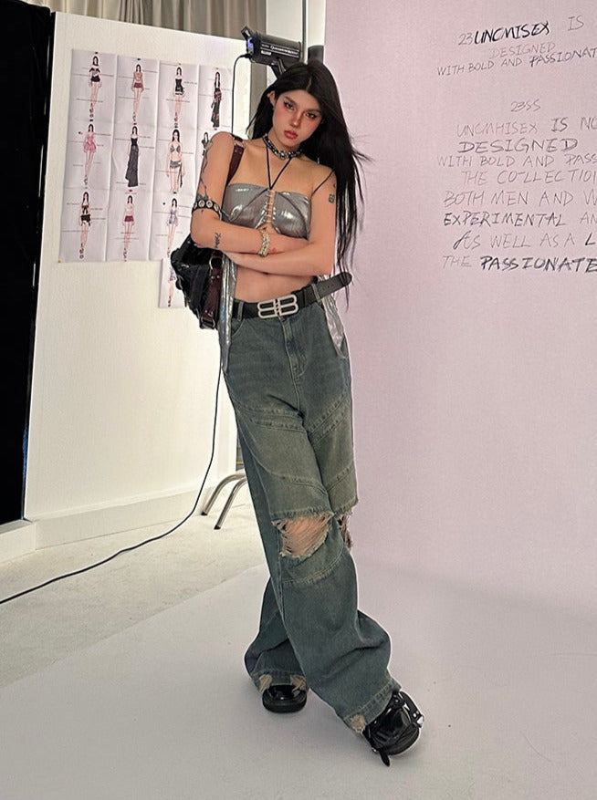 Wide Leg Shredded Jeans