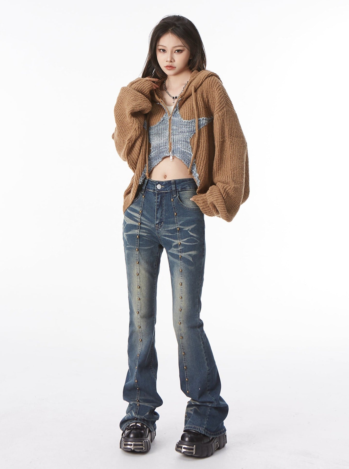 Star Cropped Knit Zip Hoodie