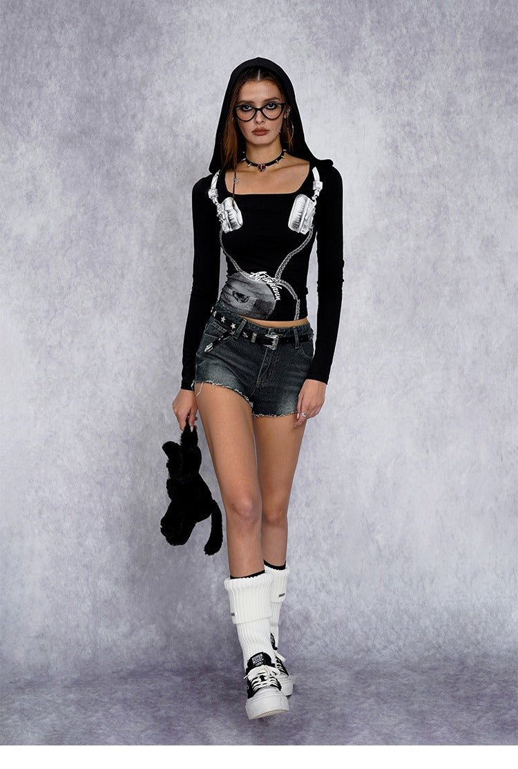 Hooded Square Neck Long Sleeve Top