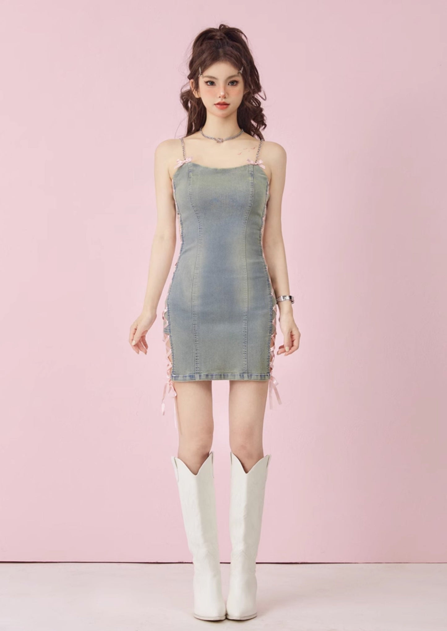 Denim Lace Up Mini Dress