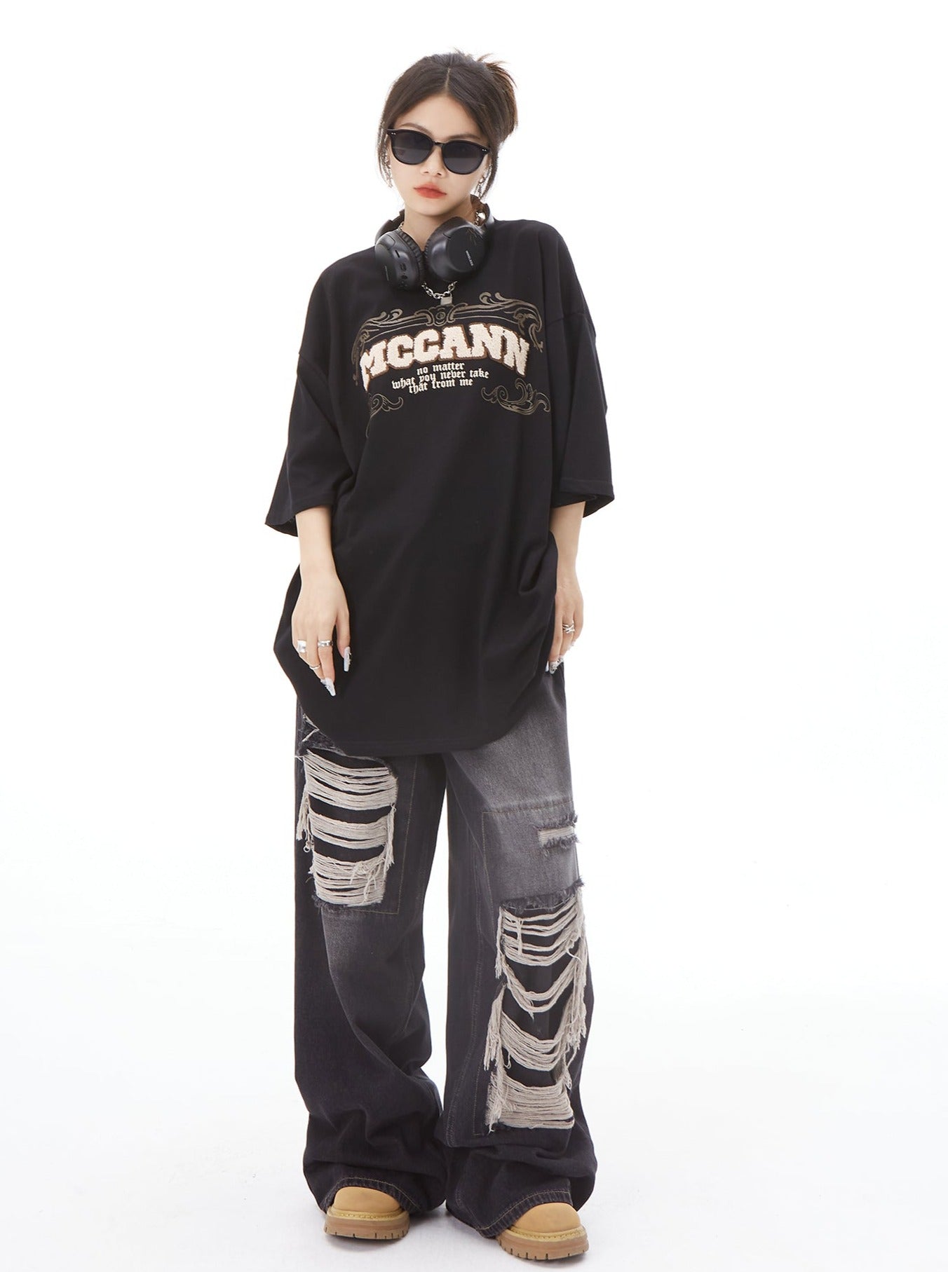 Shredded Baggy Wide Leg Jeans