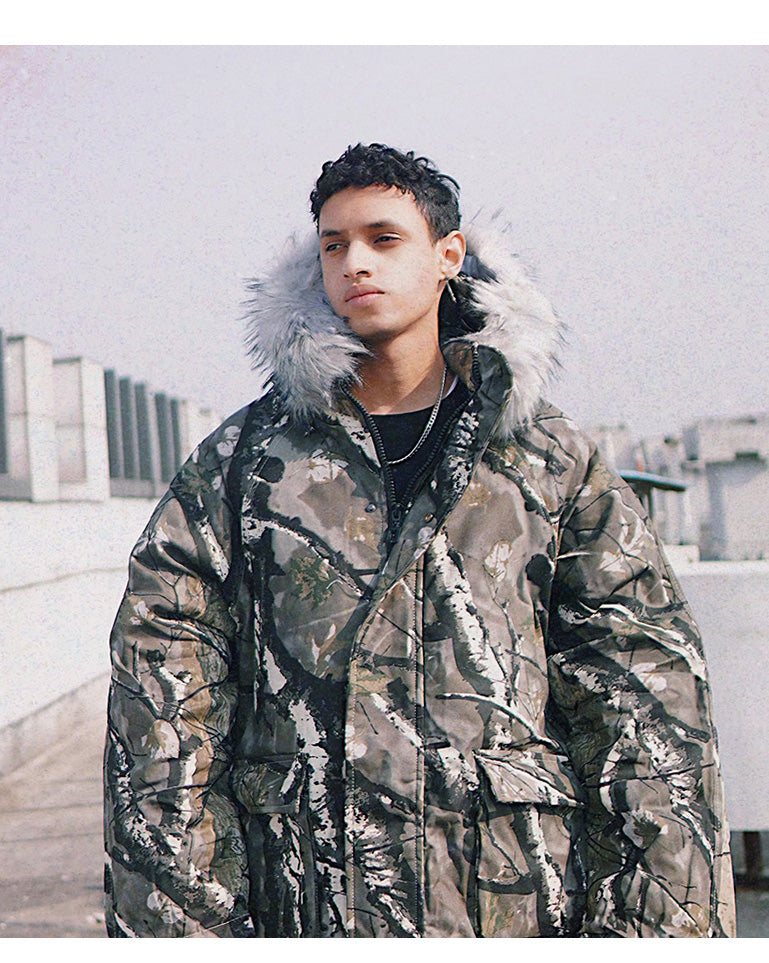 Streetwear Camouflage Fur Hooded Jacket