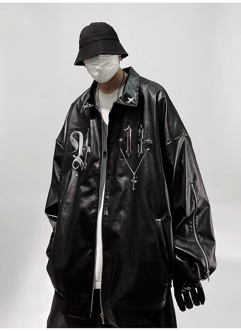 Streetwear Faux Leather Chained Bomber Jacket