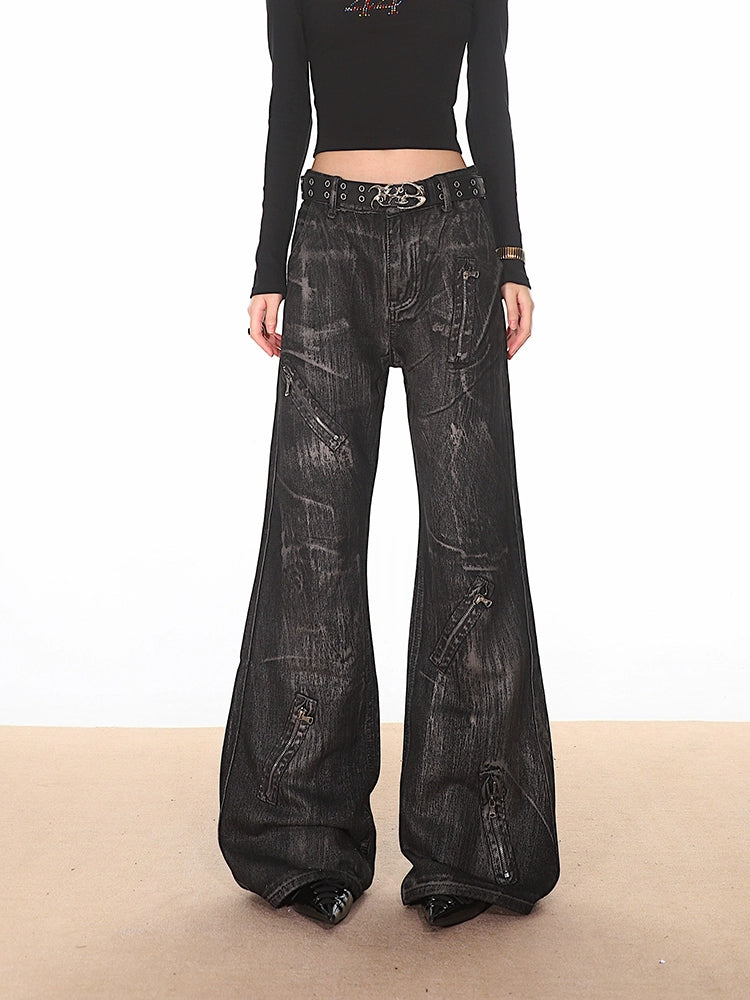 Black Distressed Denim Jeans with Zipper Details