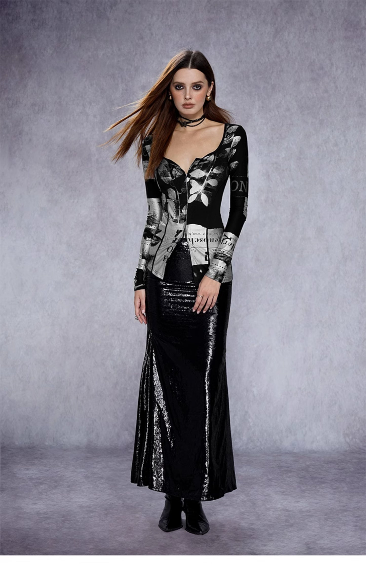 Metallic Zip Up Long Sleeve Top