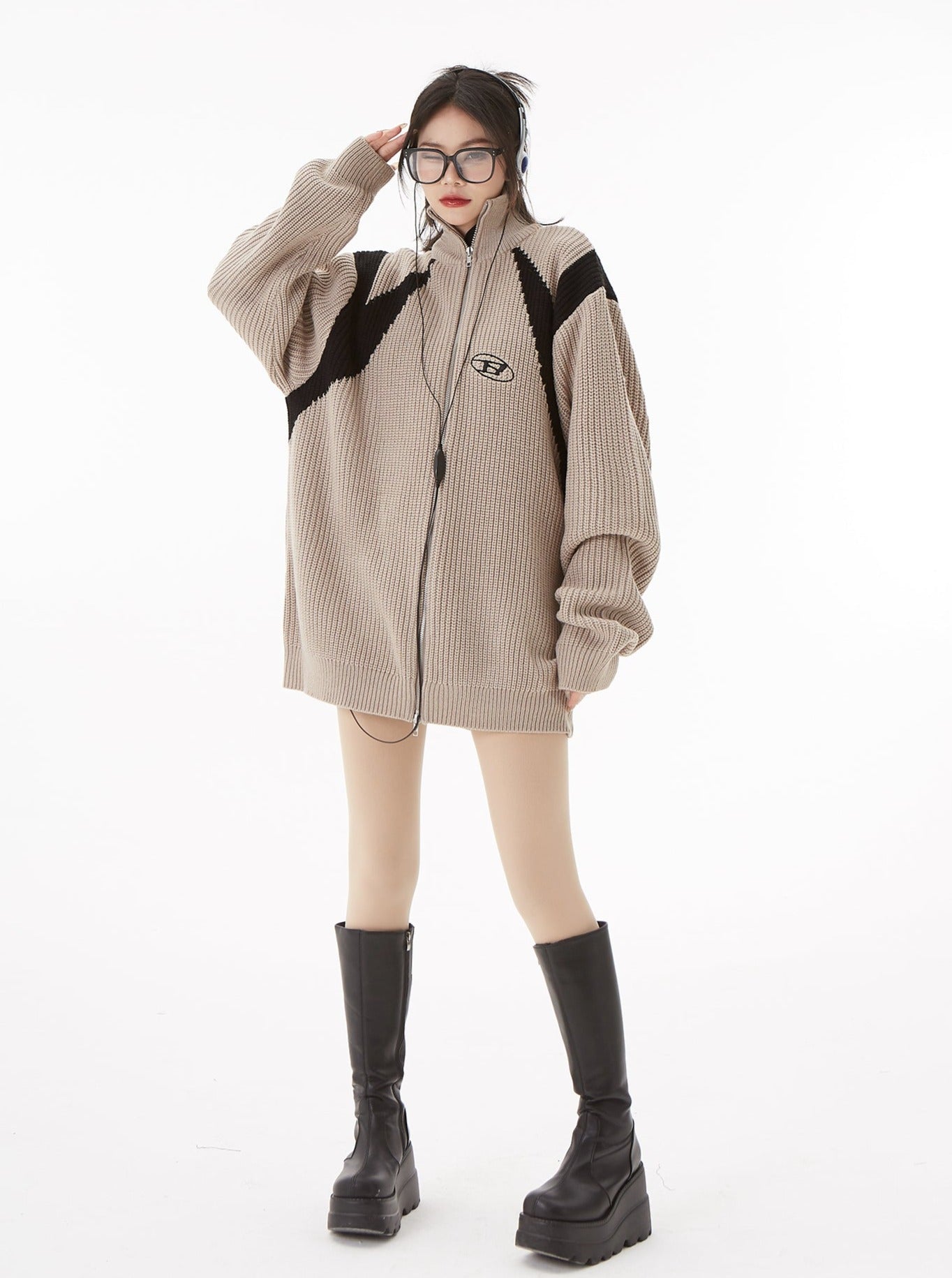 Contrast Knit Zip Sweater Cardigan