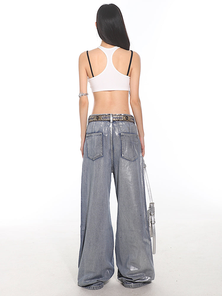 Coated Metallic Wide Leg Jeans
