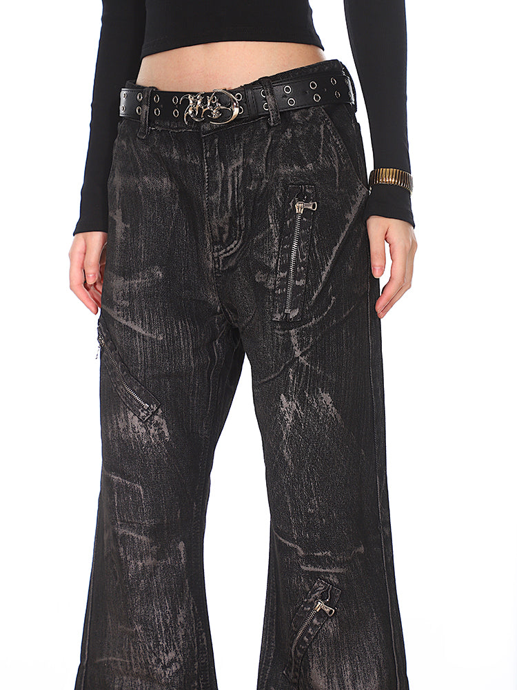 Black Distressed Denim Jeans with Zipper Details