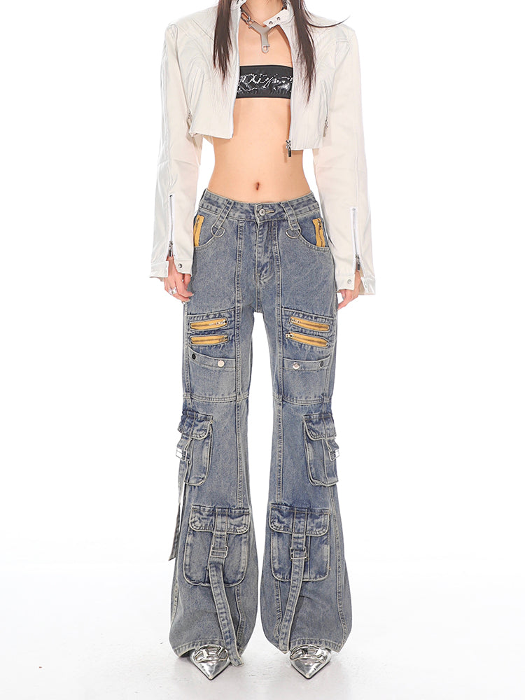 Vintage Wash Utility Cargo Flare Jeans