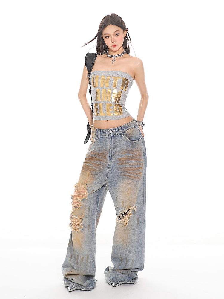 Distressed Rust Wash Ripped Wide-Leg Jeans