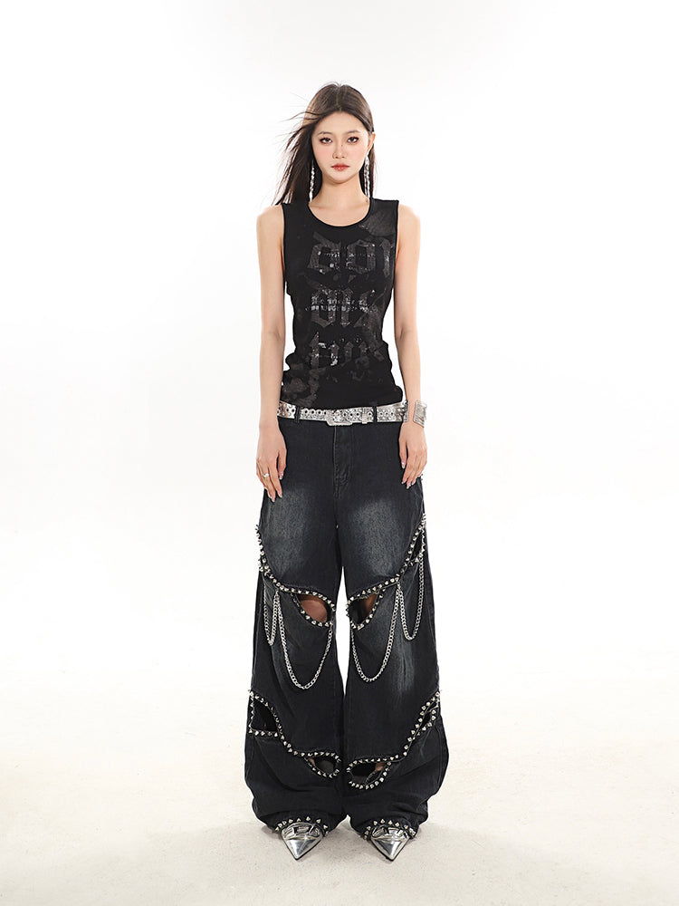 Industrial Deconstructed Chain Studded Denim Jeans