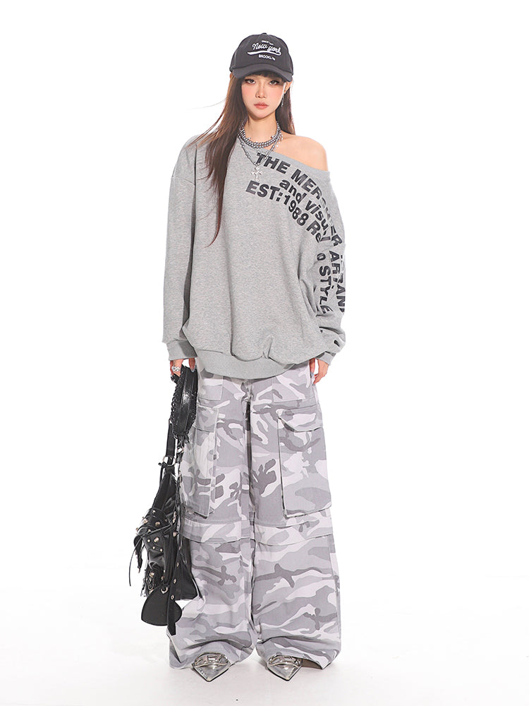 Gray Camo Wide Leg Cargo Pants