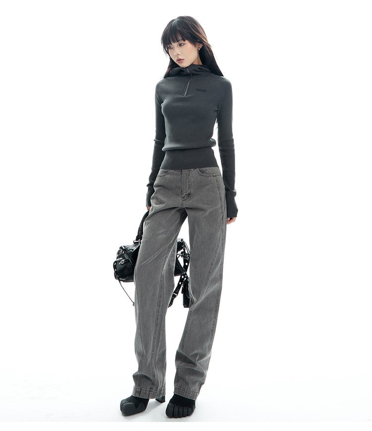 Ribbed Half Zip Hooded Long Sleeve Top