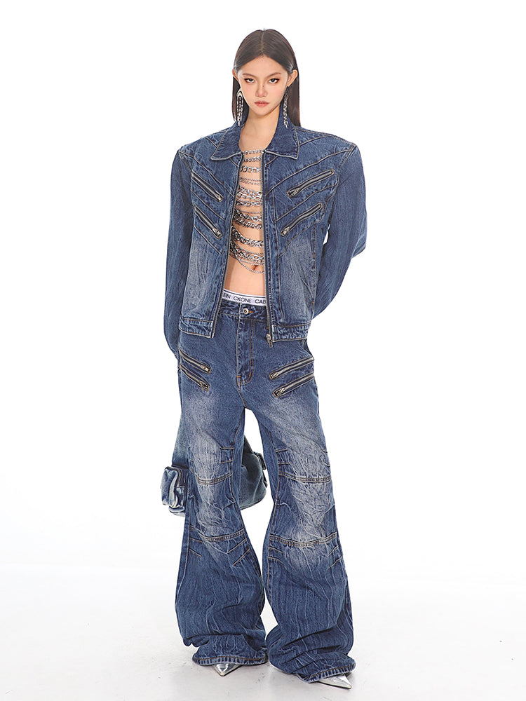 Distressed Wrinkled Zip Denim Jeans