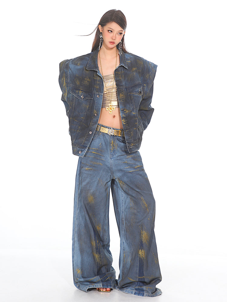Gold Brushed Wide Leg Denim Jeans