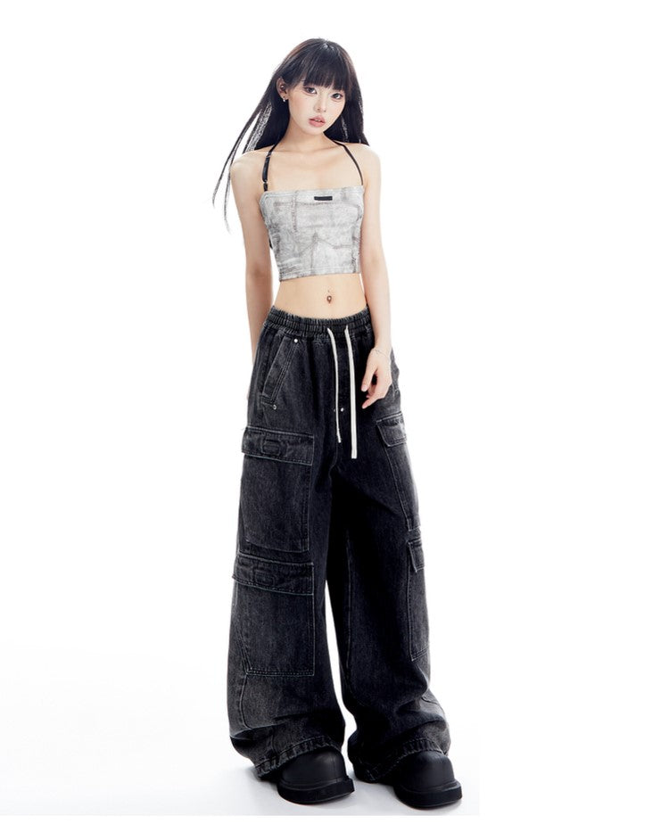 Wide Leg Denim Cargo Pants