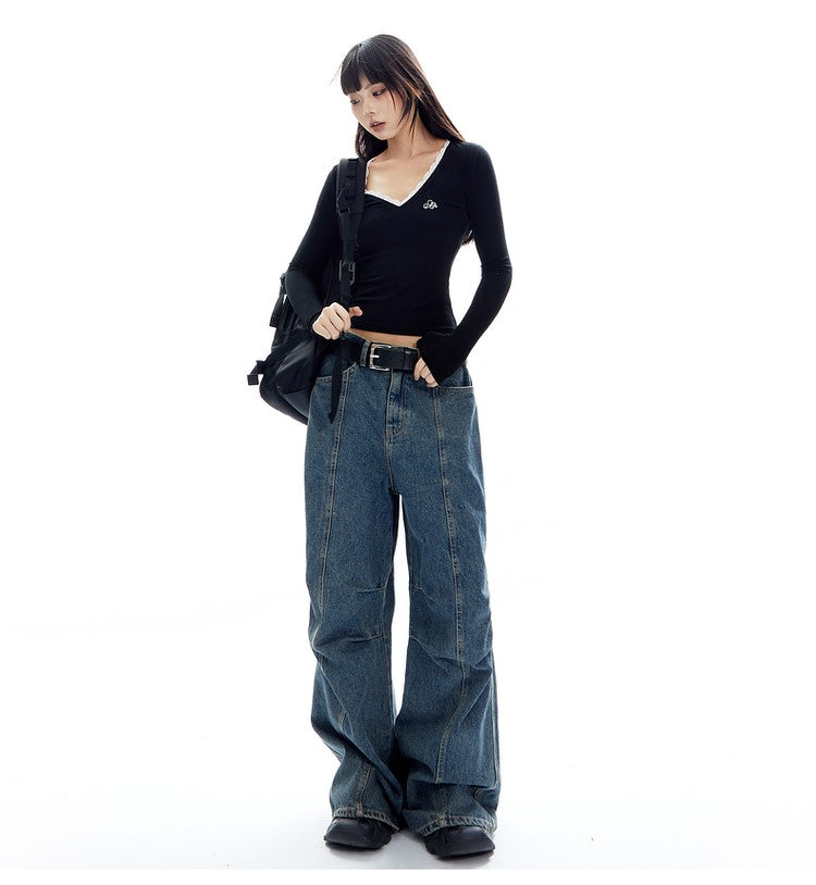 V-Neck Lace Long Sleeve Top