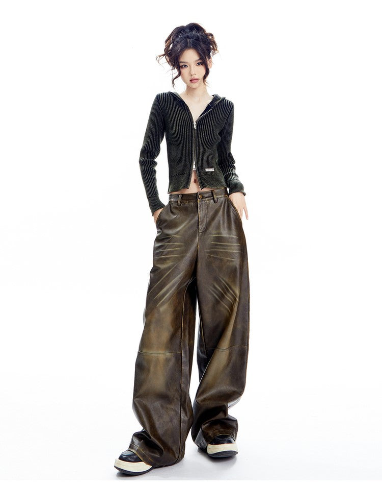 Dual Tone Knit Hooded Ribbed Cardigan