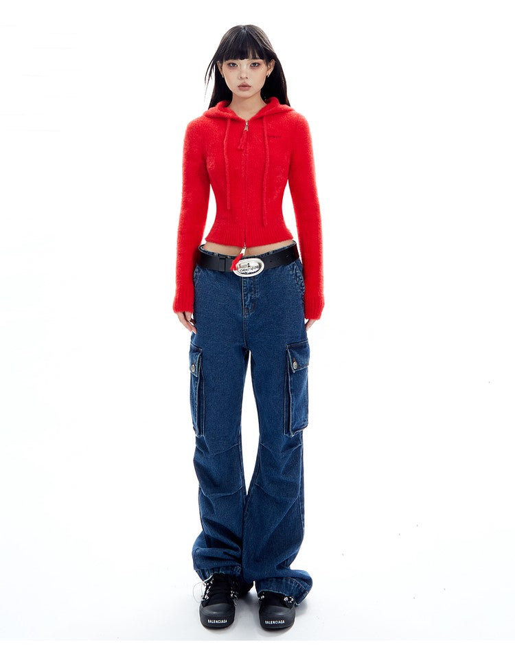 Bear Ears Cropped Plush Zip Hoodie
