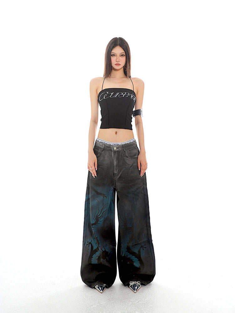 Graffiti Dragon Wide Leg Denim Jeans