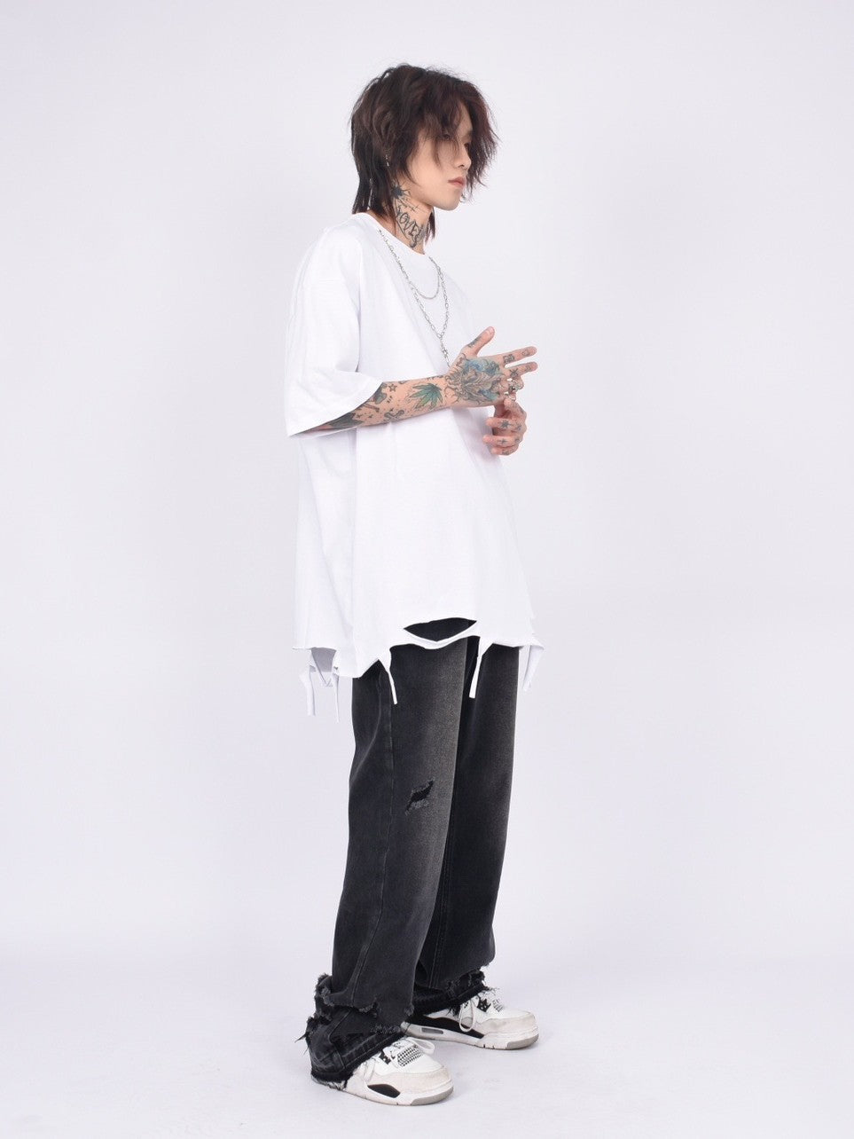 Ripped Shredded Destroyed Hem Vintage Washed T-Shirt