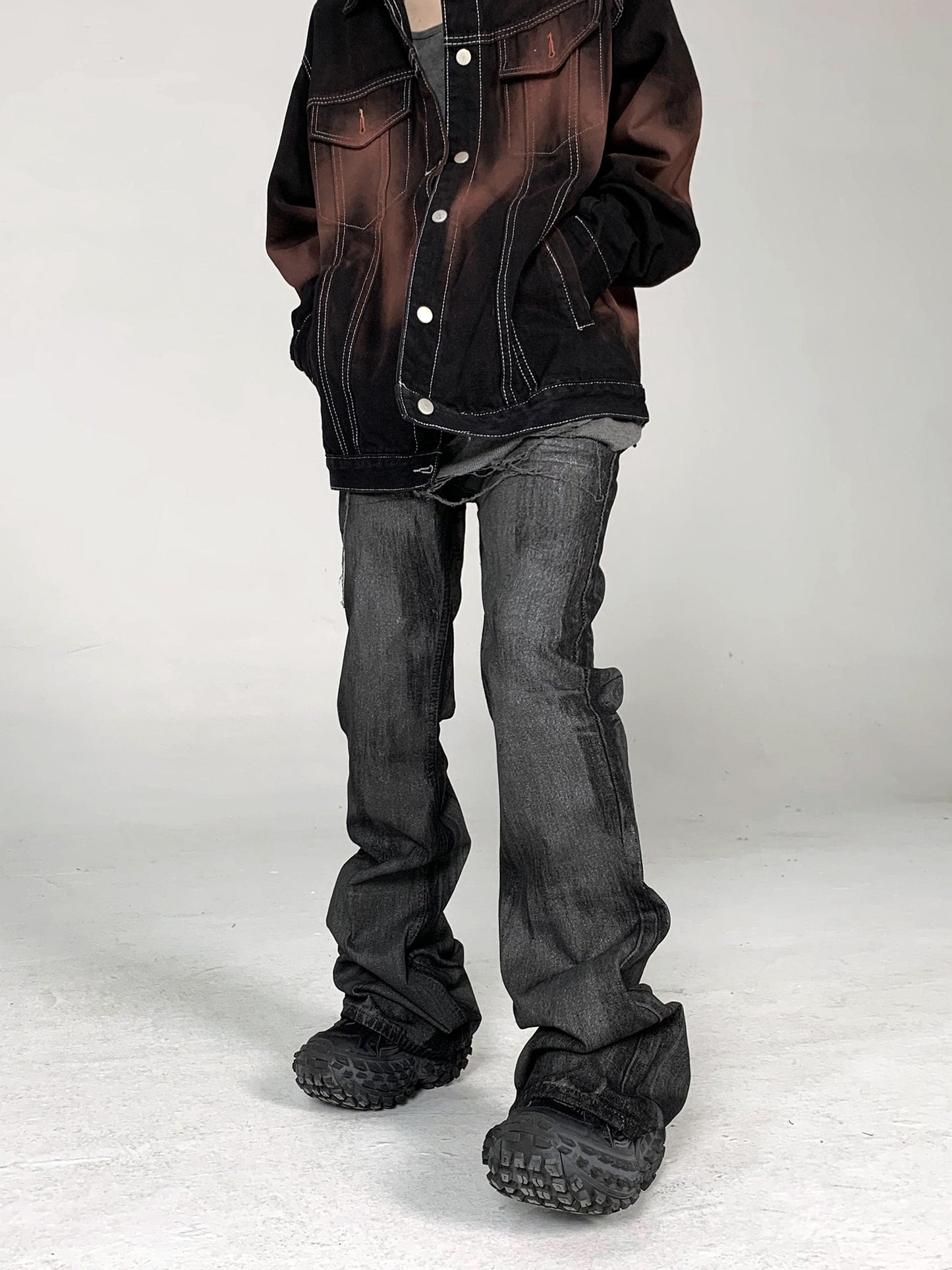 Streetwear Coated Black Washed Flared Jeans