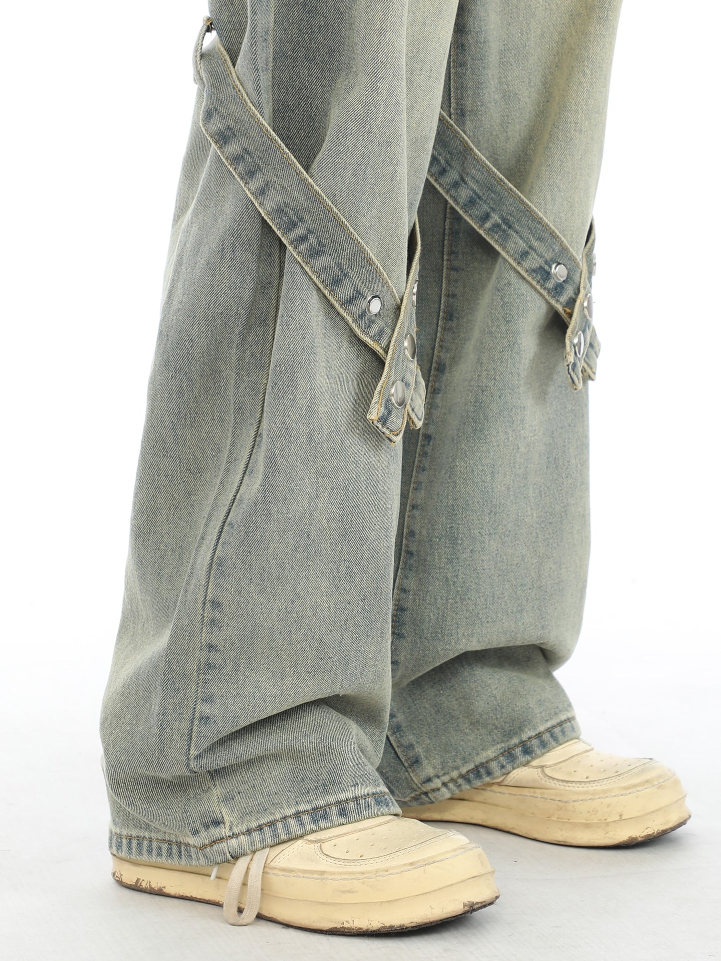 Snap Tab Strap Faded Relaxed Jeans