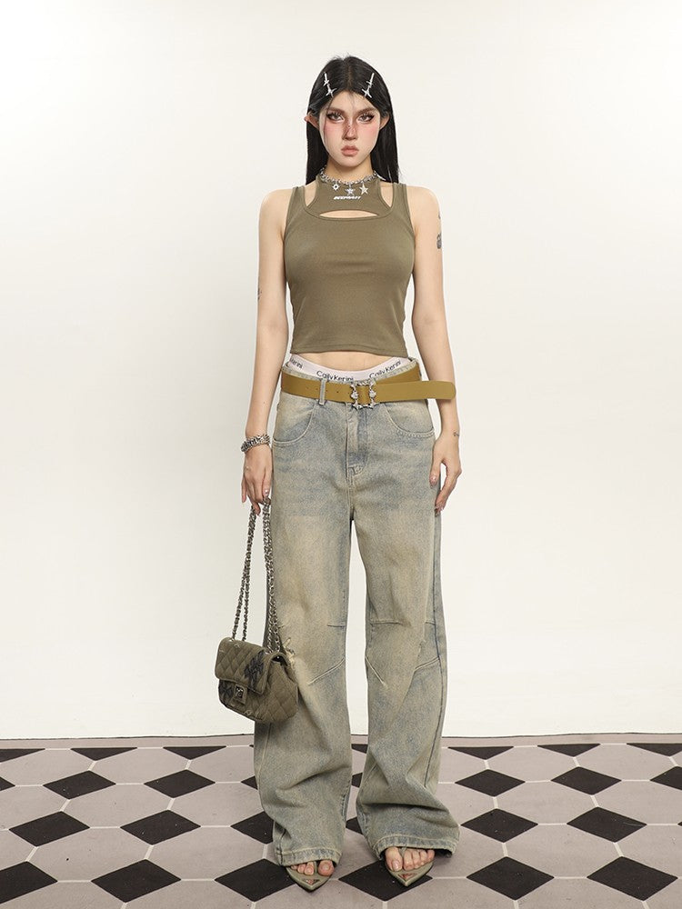 Relaxed Fit Knee Pleat Jeans