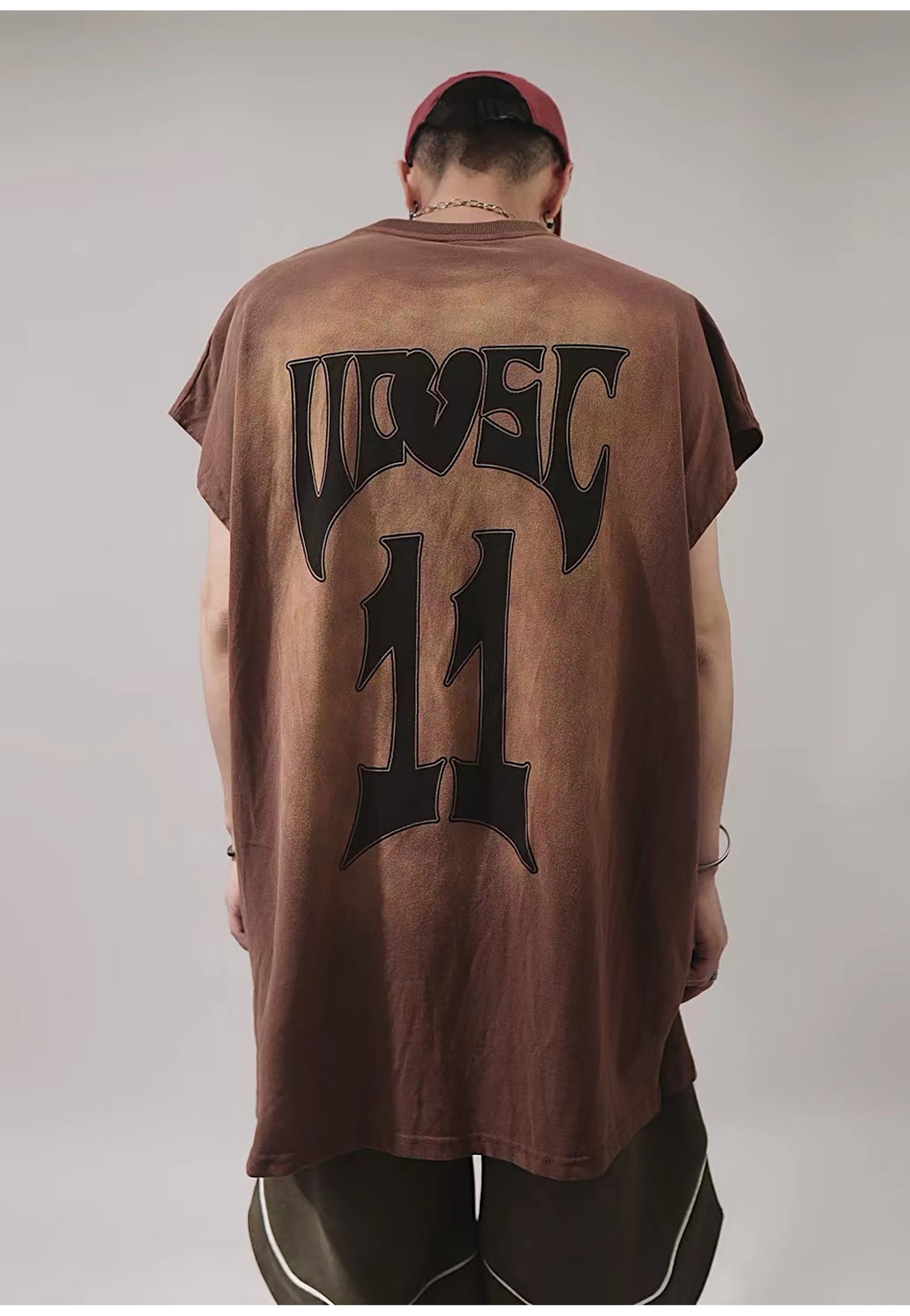 Streetwear 11 Oversized Distressed Brown Sleeveless T-Shirt