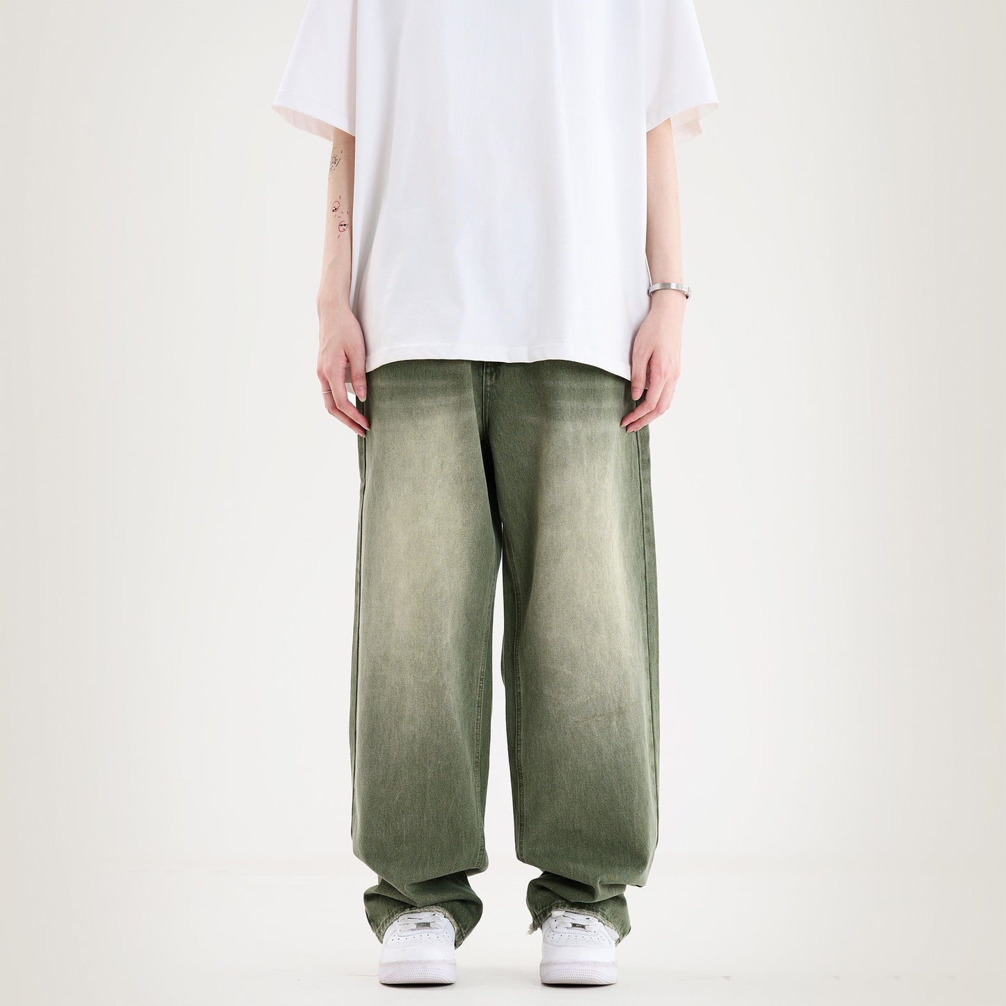 Deep Green Baggy Wide Leg Washed Jeans