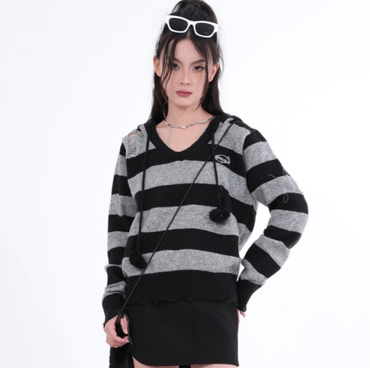 Destroyed Striped Knit Hoodie