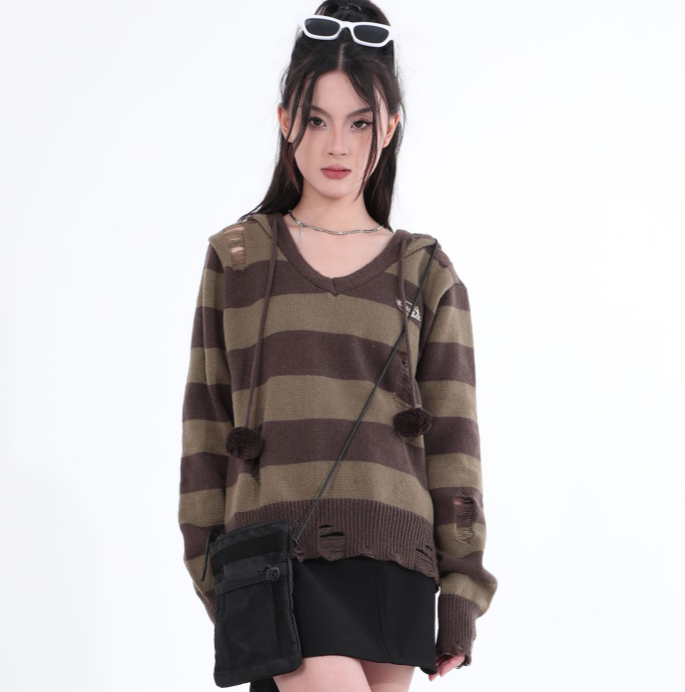 Destroyed Striped Knit Hoodie