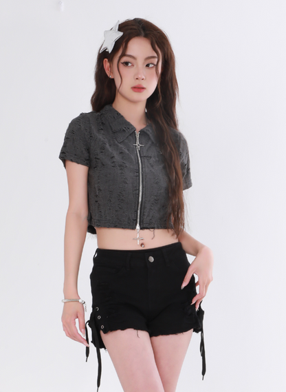 Destroyed Zip Crop Top