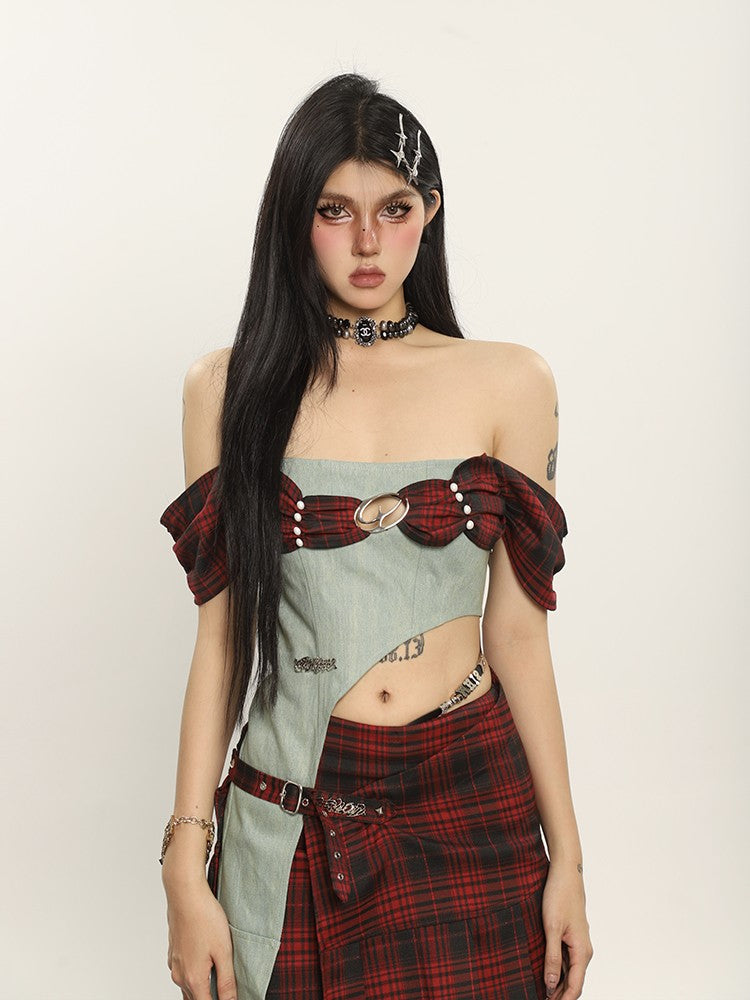 Plaid and Denim Off Shoulder Top + Skirt Set