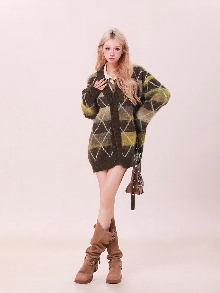 Moss Argyle Oversized Sweater Cardigan