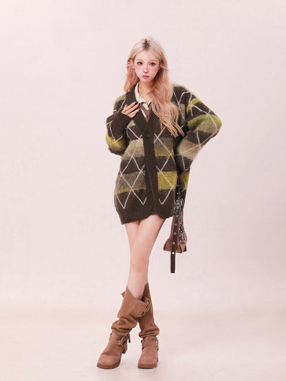 Moss Argyle Oversized Sweater Cardigan