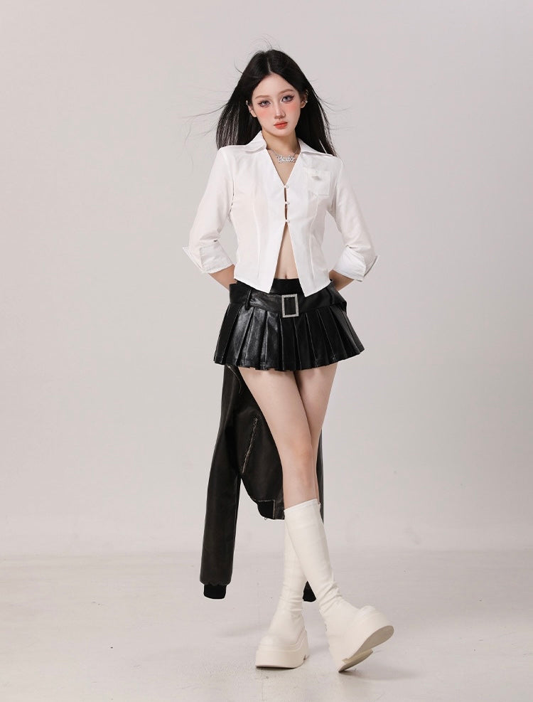 Pleated Faux Leather Skirt