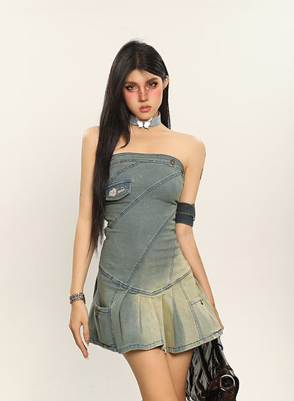 Denim Gradient Pleated Strapless Dress