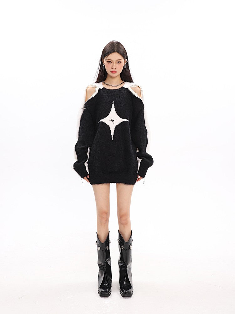 Star Exposed Shoulder Oversized Sweater