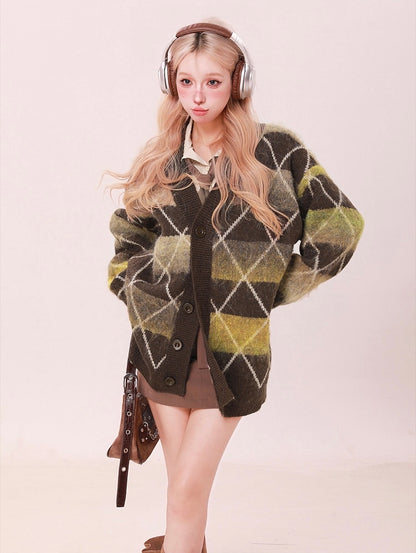 Moss Argyle Oversized Sweater Cardigan