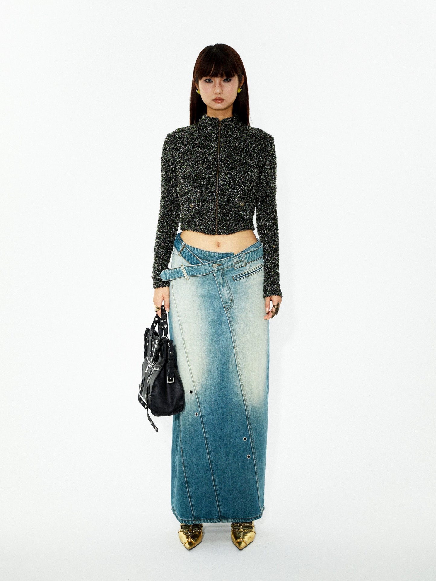 Asymmetric Belted Denim Skirt