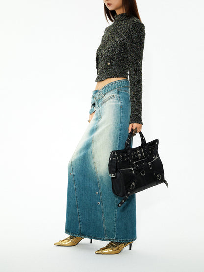 Asymmetric Belted Denim Skirt
